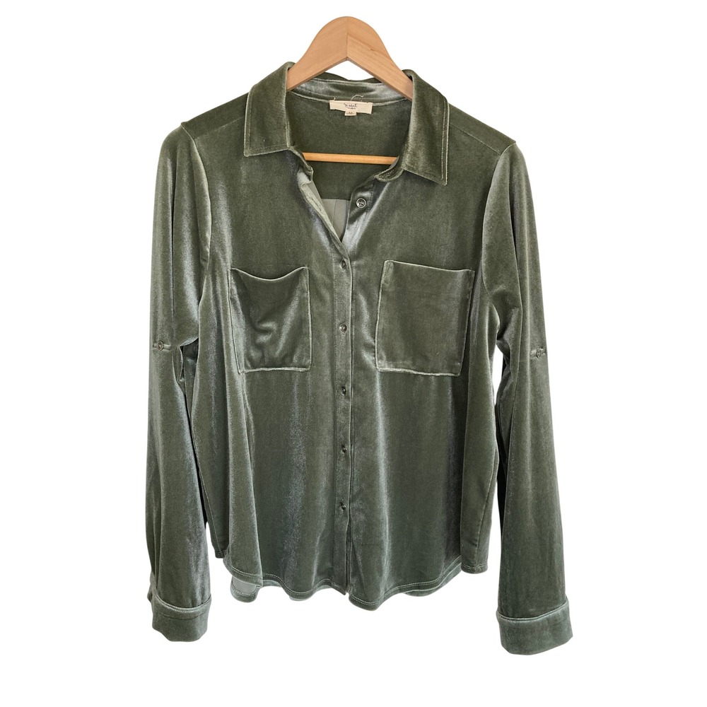 Easel Los Angeles Sage Green Velvet Button Down Utility Shirt Medium